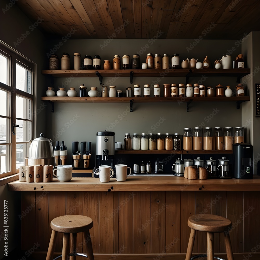 A cozy coffee shop interior with a variety of coffee drinks displayed on a wooden counter 
