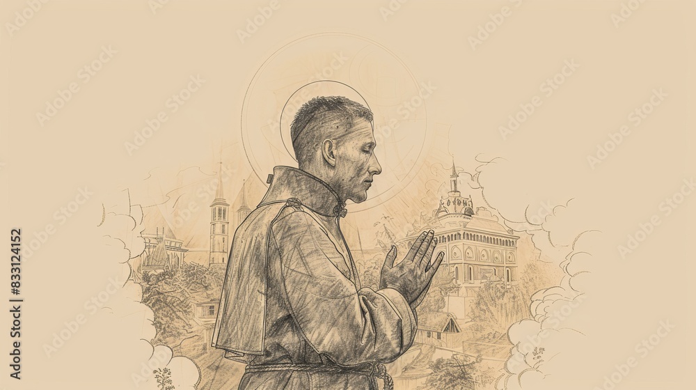 Fototapeta premium St. John Berchmans Praying in 17th-Century Belgian Monastery, Biblical Illustration, Beige Background, Copyspace