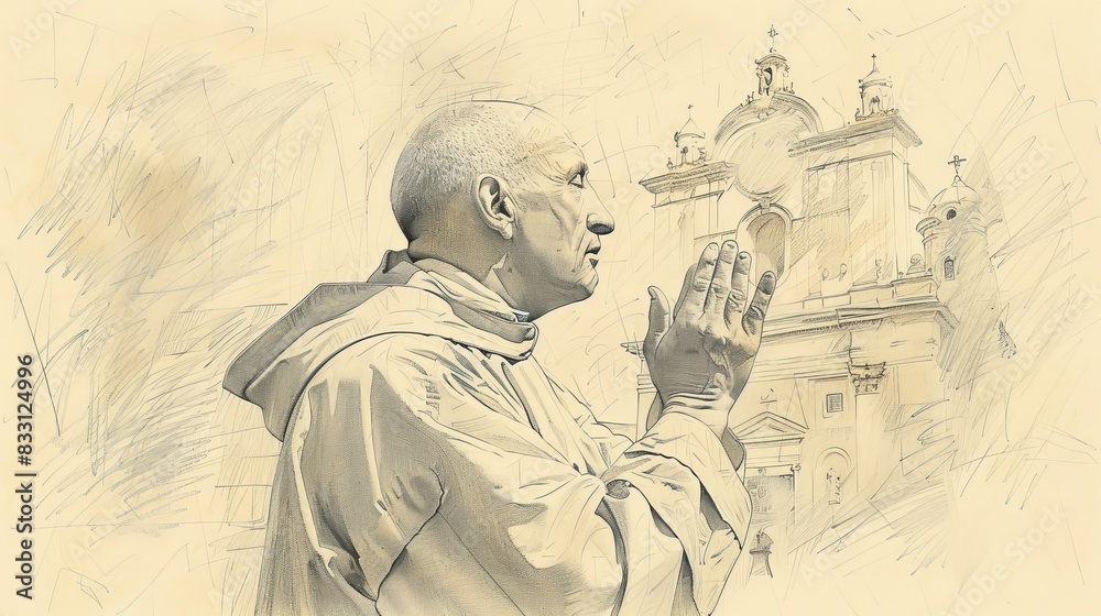 Fototapeta premium St. Ignatius of Loyola in Prayer, Vision of Christ, Biblical Illustration, Beige Background, Copyspace