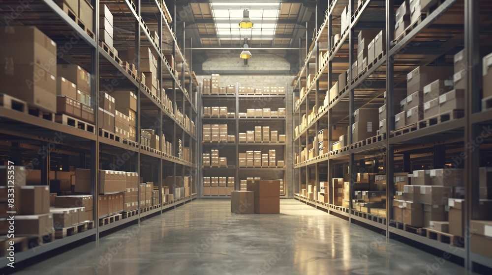 Fototapeta premium A commercial storage facility with shelves filled with cartons and parcels. Industrial background for logistics and shipping. 3d render.