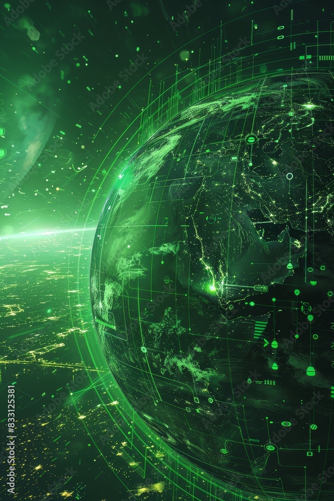 Obraz premium Green tech and icon for communication or data sharing on global dashboard and interface