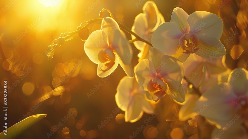 Stunning white orchids bathed in the warm, golden light of the setting sun, highlighting their intricate details Stunning white orchids bathed in the warm, golden light of the setting sun, highlighting their intricate details