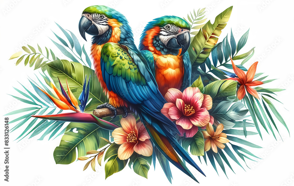Fototapeta premium Watercolor illustration of two colorful parrots sitting on a branch surrounded by leaves and flowers