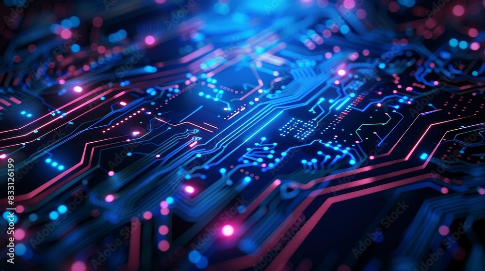 Abstract, AI and circuit board with futuristic technology for connectivity Abstract, AI and circuit board with futuristic technology for connectivity