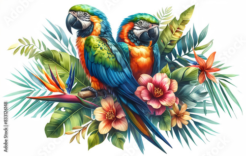 Watercolor illustration of two colorful parrots sitting on a branch surrounded by leaves and flowers