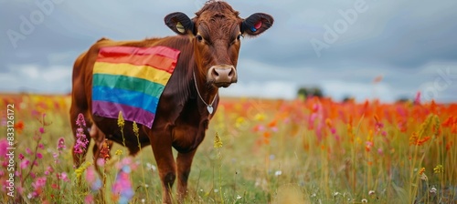 Cow with rainbow flag on grass field background. LGBT pride gender equality symbol. Generative AI technology.	
 photo