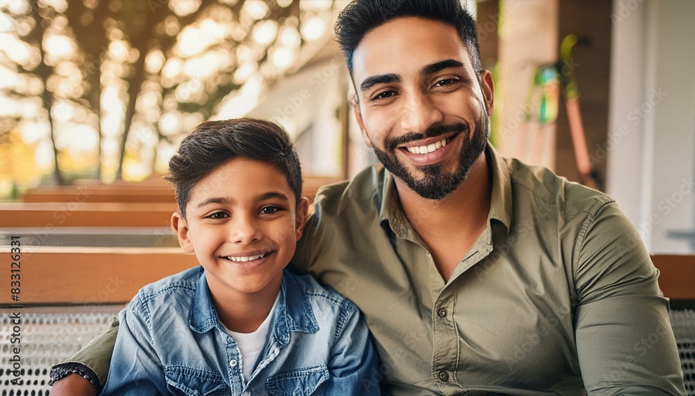 A father and son smiling together while sitting next to each other; Father's Day