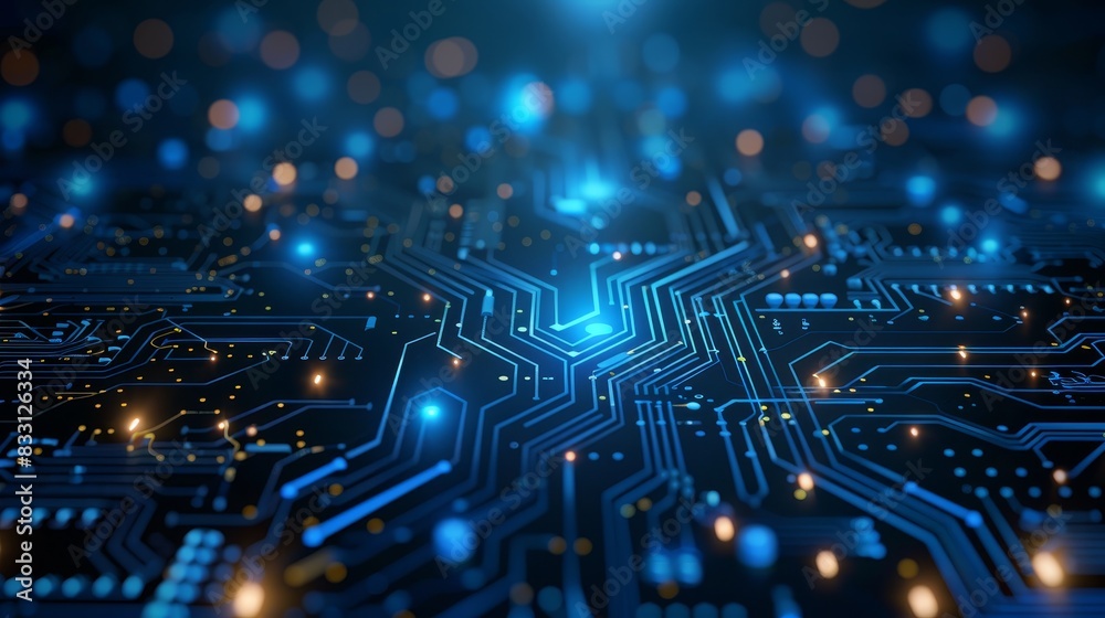 Abstract, AI and circuit board with futuristic technology for connectivity Abstract, AI and circuit board with futuristic technology for connectivity