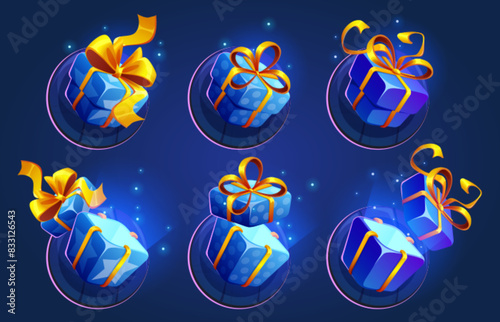 Closed and open blue gift boxes with yellow ribbon and bow for game ui design. Cartoon vector illustration set of winner bonus and surprise present packages. Reward prize pack with neon glow.