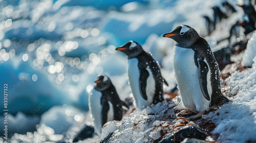 Fototapeta premium A Contemporary Animals of Penguins Waddling On Ice Floe On Blurry Background