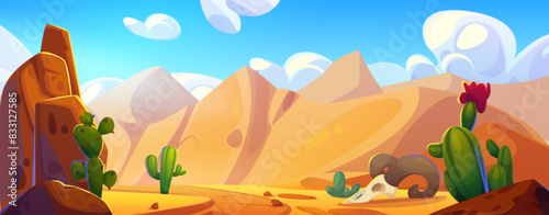 Arizona desert landscape with cactus background. Western mexico or Texas scene with road in summer. Rock and sand mountain nature panorama with cacti plant and skull in Afica dry wilderness land photo