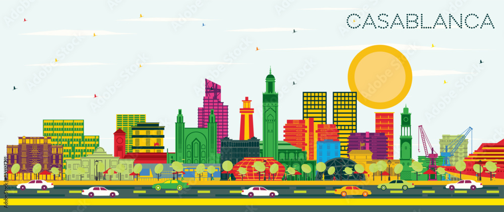 Obraz premium Casablanca Morocco City Skyline with Color Buildings and Blue Sky. Business Travel and Concept with Historic Architecture. Casablanca Cityscape with Landmarks.