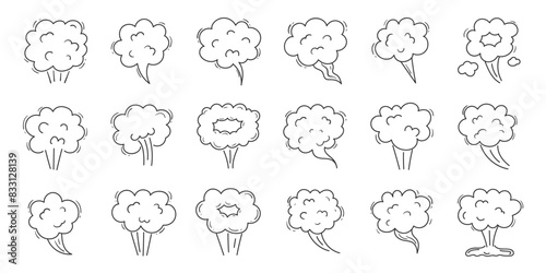Smoke, boom bubble, steam doodle set. Hand drawn vector illustration on white background