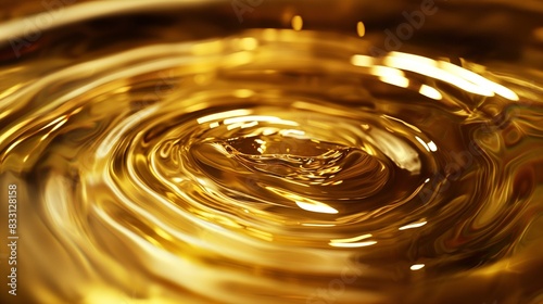 A serene image of gold liquid slowly swirling in a shallow dish, capturing the peaceful movement and the reflective surface that plays with light.