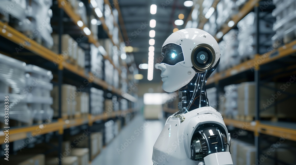 modern AI humanoid robot in a warehouse, futuristic workforce 