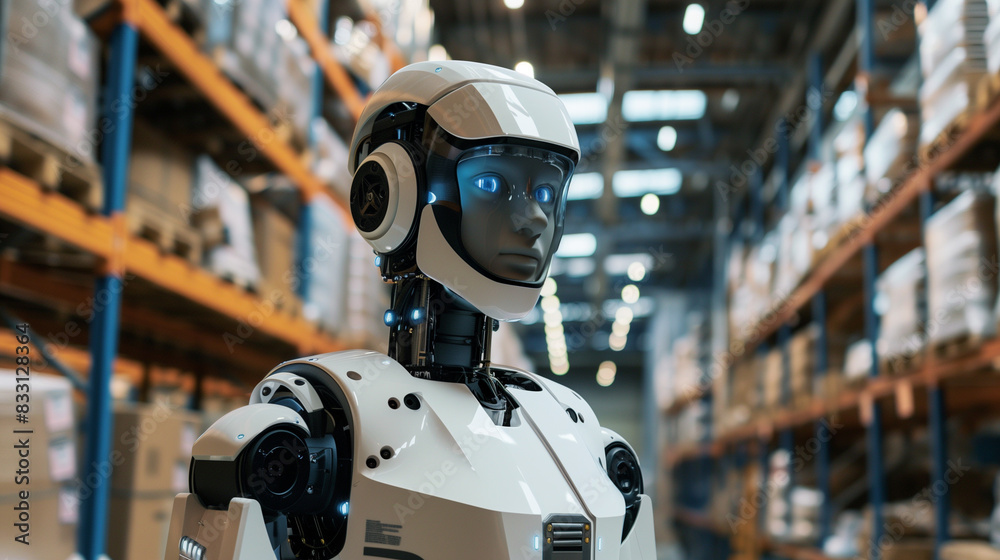modern AI humanoid robot in a warehouse, futuristic workforce 