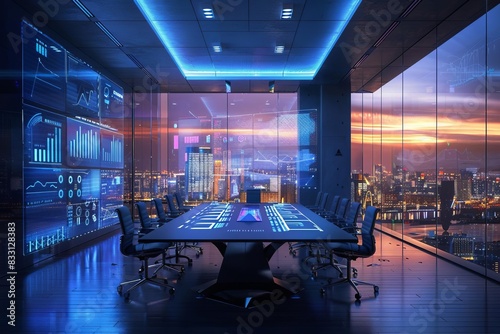 Modern high-tech conference room with city skyline view, large interactive screens, and sleek futuristic design perfect for business meetings. photo