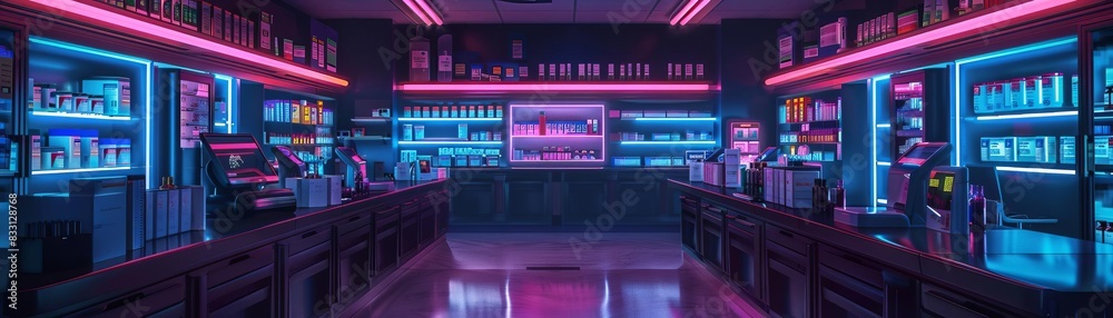 Modern neon-lit bar interior with vibrant blue and pink lights, showcasing a chic and trendy atmosphere perfect for nightlife and social gatherings. Modern neon-lit bar interior with vibrant blue and pink lights, showcasing a chic and trendy atmosphere perfect for nightlife and social gatherings.