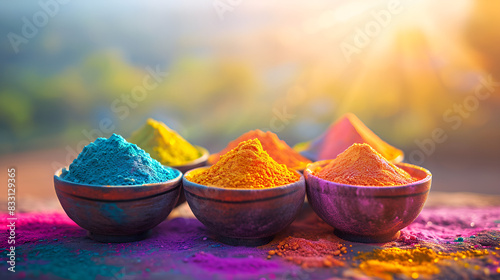 Colorful powders in bowls on a table. A vibrant assortment of powdered substances displayed in bowls.