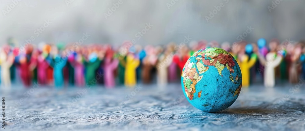 Miniature globe with a multicultural crowd in the background, symbolizing global community, diversity, and unity on a reflective surface. Miniature globe with a multicultural crowd in the background, symbolizing global community, diversity, and unity on a reflective surface.
