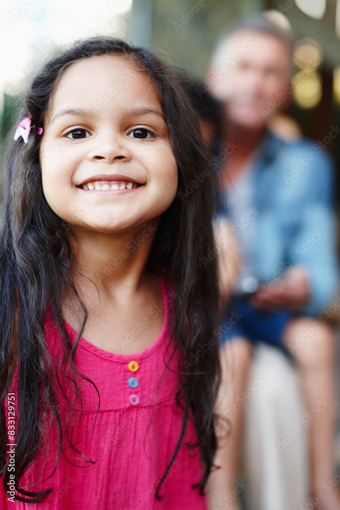 Child, happy and portrait of girl in home with people for weekend, together and care or love. Kid, grandfather and face with smile and excitement for reunion, relationship and time with family Child, happy and portrait of girl in home with people for weekend, together and care or love. Kid, grandfather and face with smile and excitement for reunion, relationship and time with family