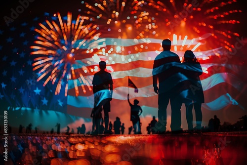 Silhouettes of people watching a dazzling fireworks display against an American flag backdrop.