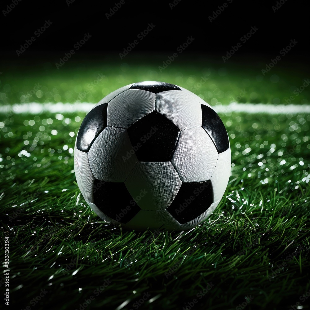 Fototapeta premium soccer ball on a vibrant green soccer field with the stadium in the background