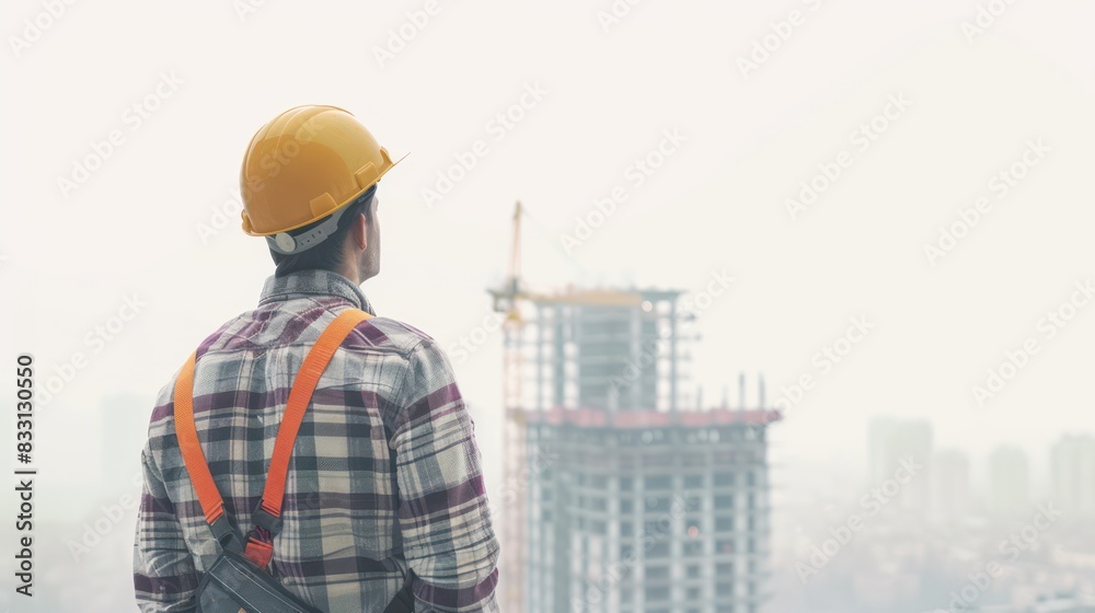 Male supervisor in yellow hardhat and plaid shirt looks at rising construction site against fog Male supervisor in yellow hardhat and plaid shirt looks at rising construction site against fog