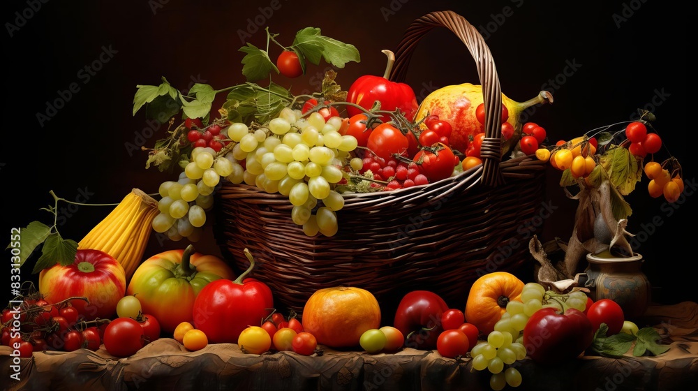 A basket filled with fresh fruits and vegetables,
