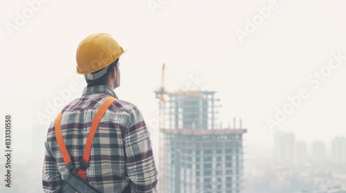 Male supervisor in yellow hardhat and plaid shirt looks at rising construction site against fog © chusnul