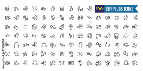 Earplugs icons set outline vector. Anti care device. Ear plug protection. Outline icon collection. Editable stroke.