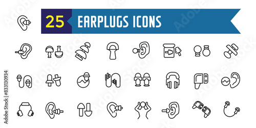 Earplugs icons set outline vector. Anti care device. Ear plug protection. Outline icon collection. Editable stroke.
