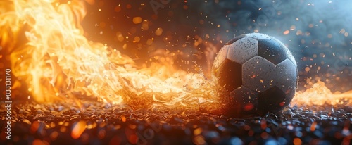 Football ball on fire. Competitive Soccer football flame. photo