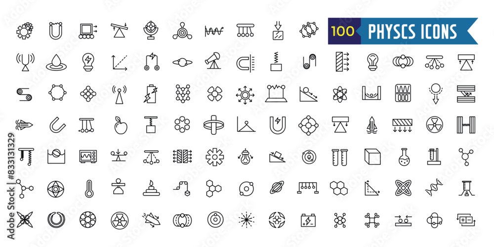 Physics icons set. Outline set of physics vector icons for ui design. Outline icon collection. Editable stroke.
