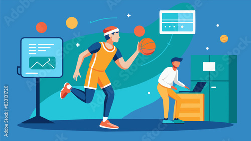 A player practicing jump shots in a virtual environment with a digital trainer providing realtime feedback on their form release and angle.. Vector illustration