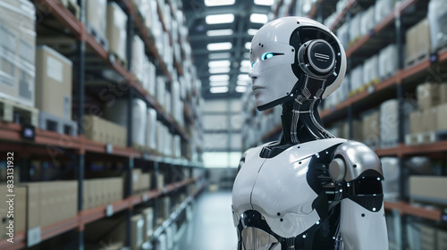 modern AI humanoid robot in a warehouse, futuristic workforce 