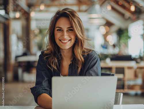 Junge Frau Geschäftsfrau lächelt in die Kamera. Sitzt vor einem Computer an eien Tisch