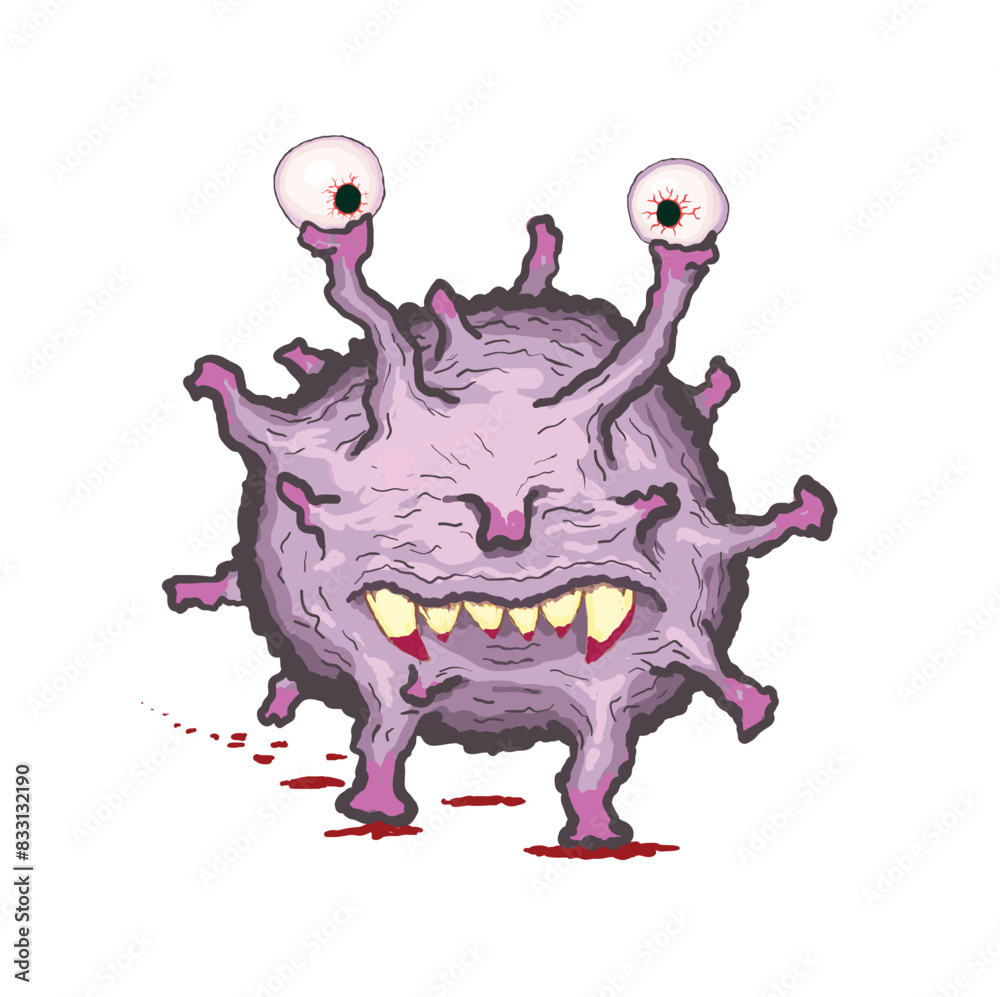 Cartoon virus character with menacing eyes and sharp teeth.