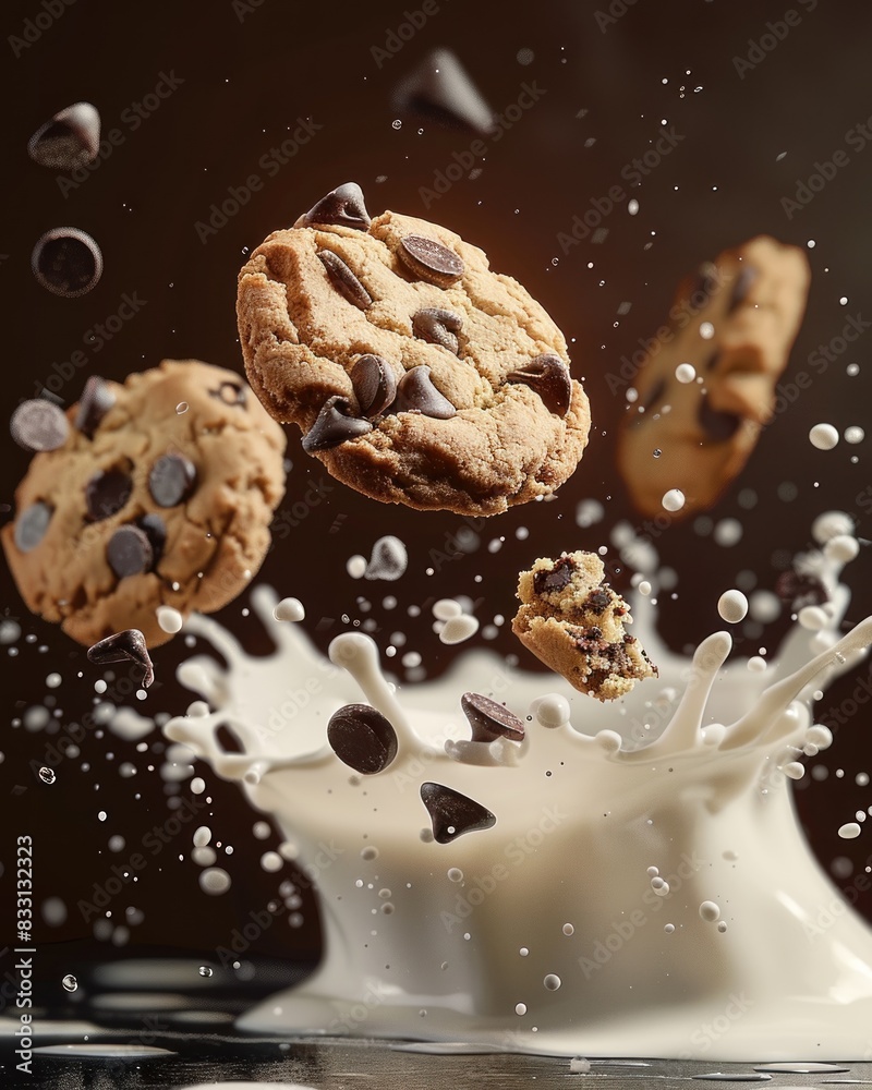 Chocolate chip cookies with milk floating in the air Chocolate chip cookies with milk floating in the air