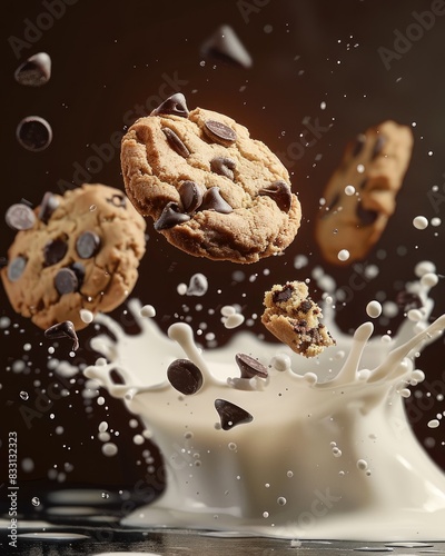 Chocolate chip cookies with milk floating in the air