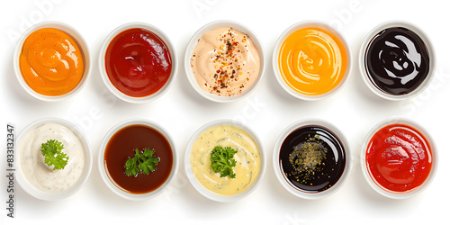 set of bowl with sauce isolated on white background Set of various sauces Variety of delicious sauces in bowls from a top view on a white background