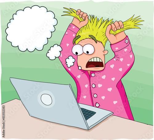 A cartoon character stressed out, pulling hair in front of a laptop.