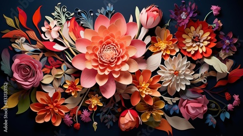 A vibrant arrangement of flowers with intricate designs,