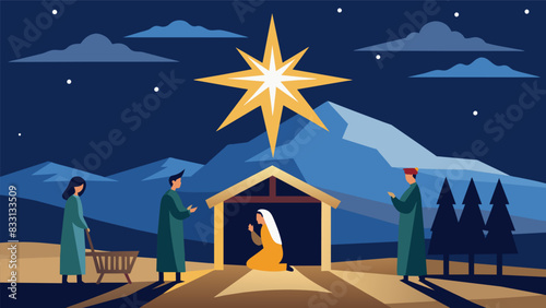 The star of Bethlehem shines above the stable guiding visitors to witness the birth of Jesus and experience the magic of Christmas.. Vector illustration