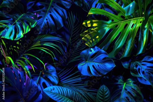 vibrant glow of green and blue neon lights against a backdrop of tropical leaves  fusion of colors and nature evokes a sense of exotic allure  transporting viewers to a tropical paradise