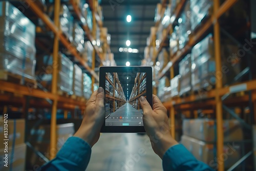 Industry 4.0 , Augmented reality and smart logistic concept. Hand holding tablet with AR application for check order pick time in smart factory.Man use AR glasses and industry infographic background