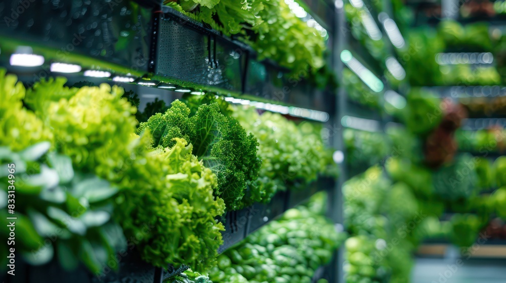 Close-up of fresh lettuce heads in a hydroponic system with LED lights, highlighting alternative farming Close-up of fresh lettuce heads in a hydroponic system with LED lights, highlighting alternative farming