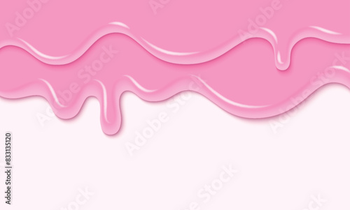 Pink liquid substance border isolated on white background. Vector realistic illustration of melting ice cream, 3d color paint splash, sweet icing drops flowing down dessert cake, nail polish texture