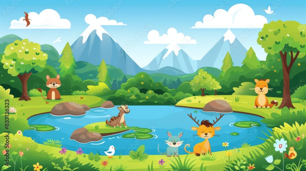 Obraz premium Cartoon Vector Bright and cheerful cartoon landscape featuring a vibrant green forest, clean rivers, and animals celebrating World Environment Day Generative AI