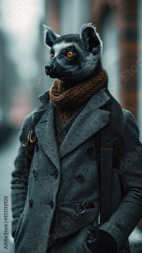 Stylish lemur moves through city streets in tailored splendor, epitomizing street style. © Dmitriy